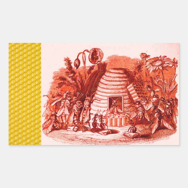 PEGATINA RECTANGULAR REINA DE LAS ABEJAS DORMIDAS EN EL SKEP / BEEKEEPE (Anverso)