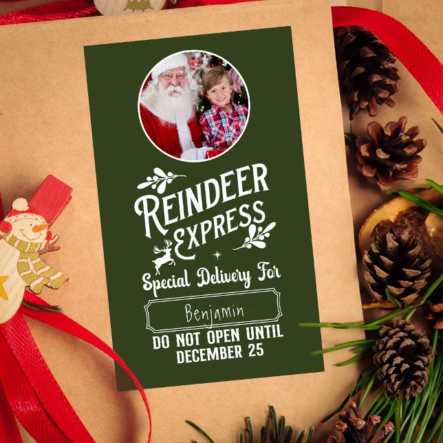 Pegatina Rectangular Reindeer Express de Santa Name y Navidades de foto (Subido por el creador)
