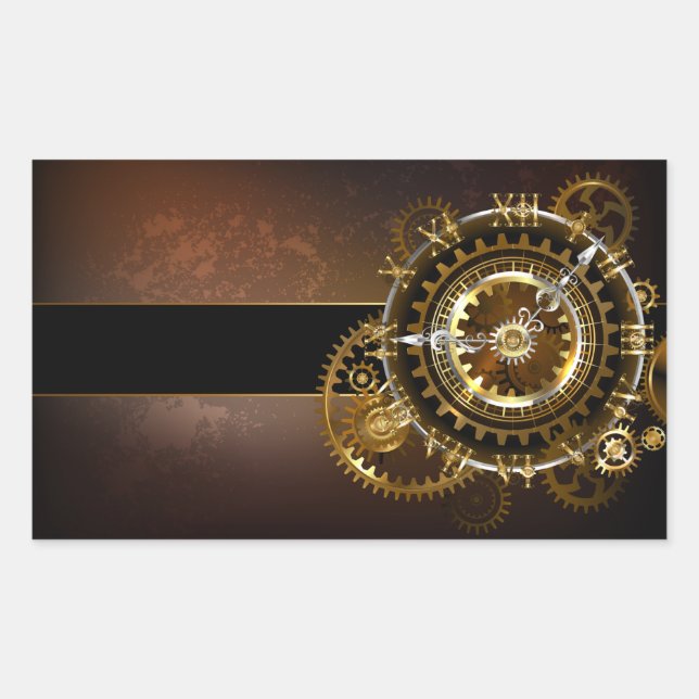 Pegatina Rectangular Reloj de vapor con engranajes antiguos (Anverso)