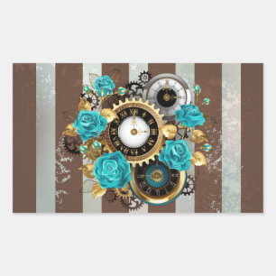 Pegatina Rectangular Reloj de vapor y Rosas turquesa a rayas