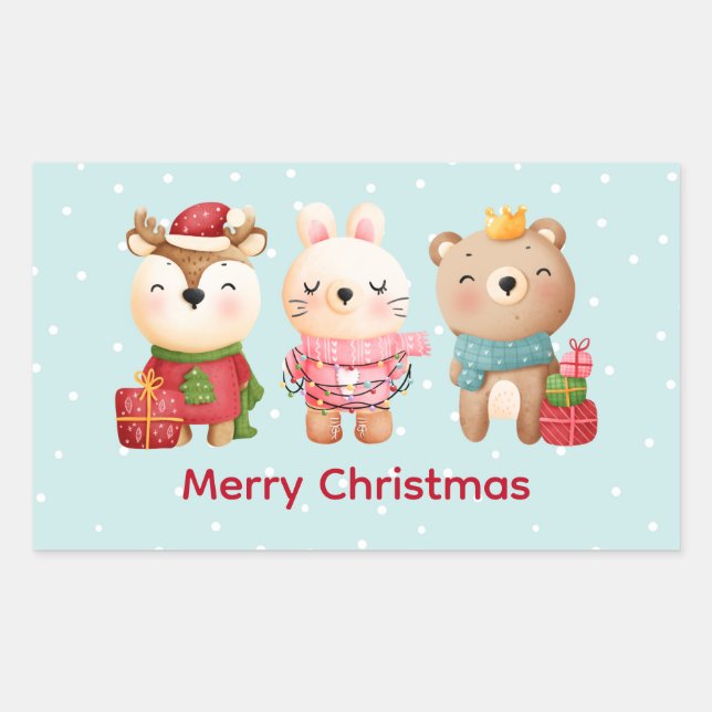 Pegatina Rectangular Reno, oso y conejo Feliz Navidad (Anverso)