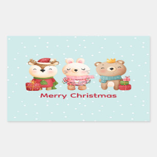 Pegatina Rectangular Reno, oso y conejo Feliz Navidad