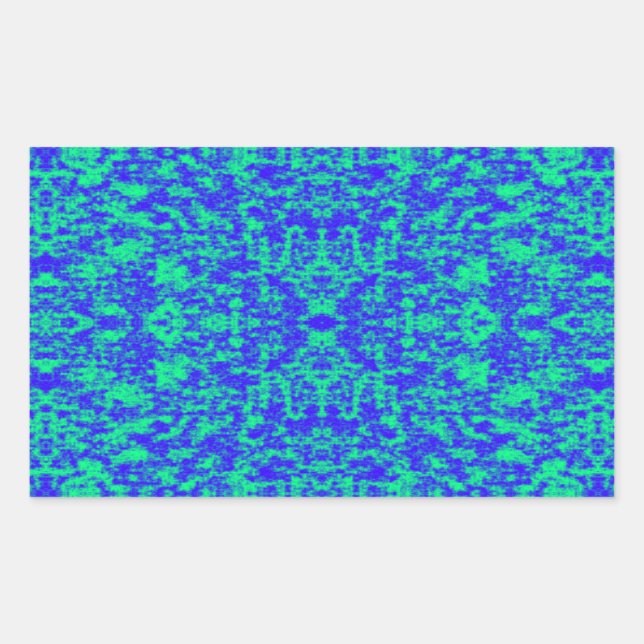Pegatina Rectangular Resumen Fractal En Azul Y Verde (Anverso)