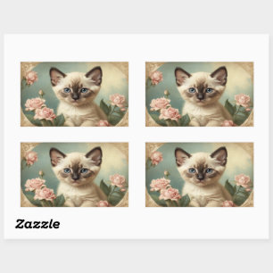 Pegatina Rectangular Retrato Antiguo Gatito Siamés Lindo Flores Dulce