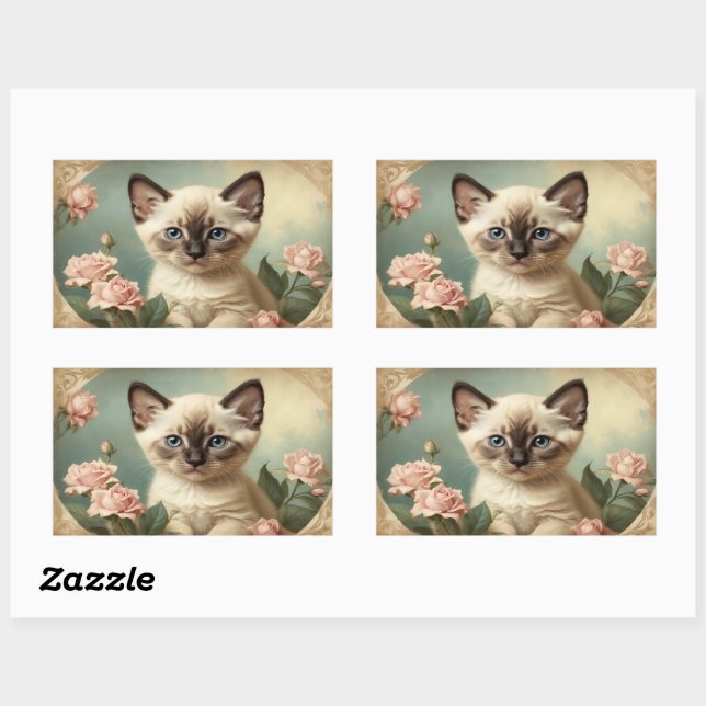 Pegatina Rectangular Retrato Antiguo Gatito Siamés Lindo Flores Dulce (Hoja)