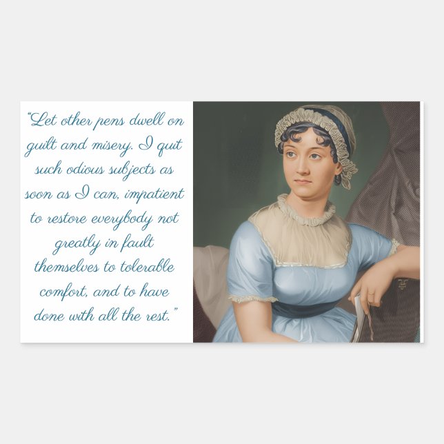 Pegatina Rectangular retrato de Jane Austen más cita (azul) (Anverso)