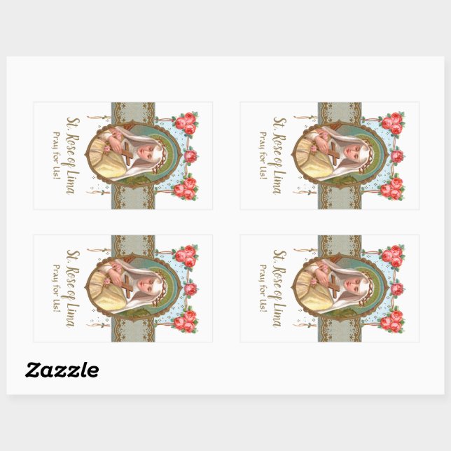 Pegatina Rectangular Retrato de St. Rosa con Rosas (M 024a) (Hoja)