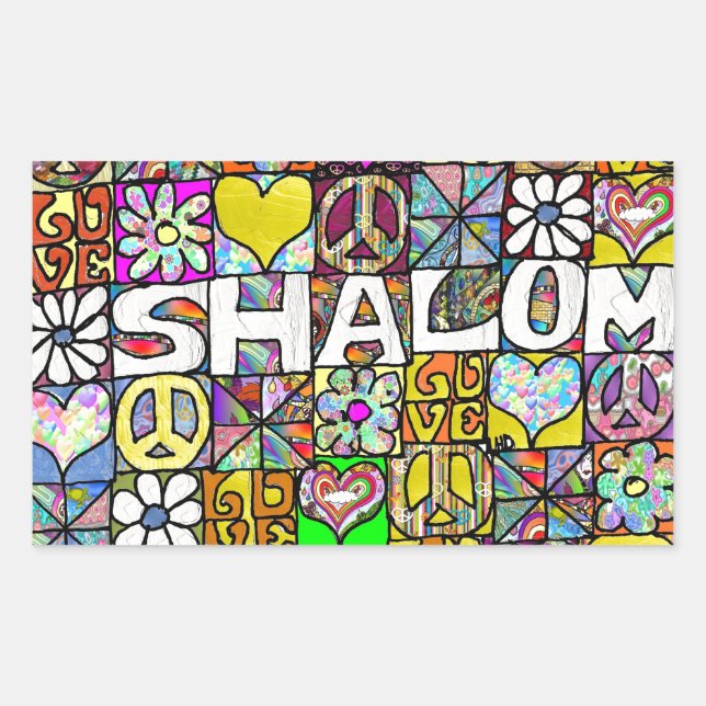 Pegatina Rectangular Retro 60 Psicodélico Shalom LOVE (Anverso)