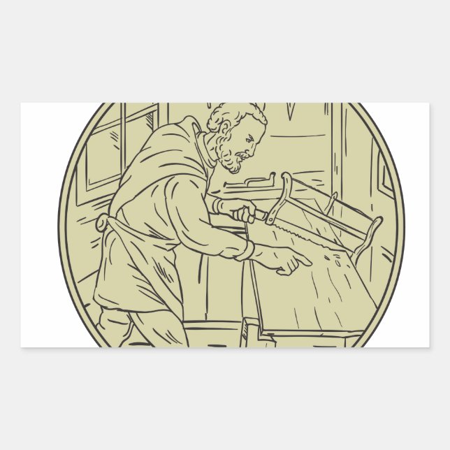 Pegatina Rectangular Retro de Círculo Medieval Carpenter Sawing Wood (Anverso)