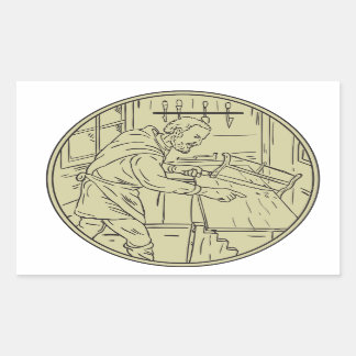 Pegatina Rectangular Retro de Círculo Medieval Carpenter Sawing Wood