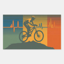 Pegatina Rectangular Retro Mountain Biker Heartbeat