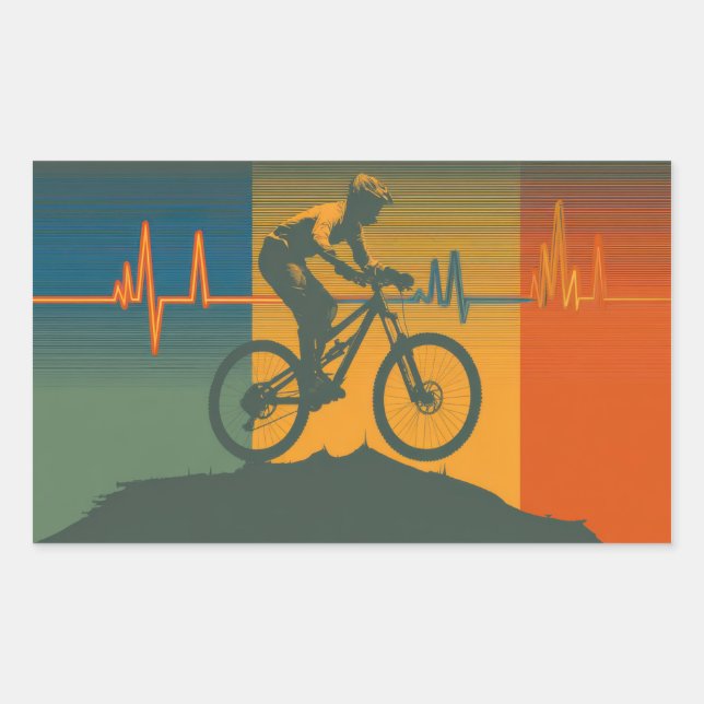 Pegatina Rectangular Retro Mountain Biker Heartbeat (Anverso)
