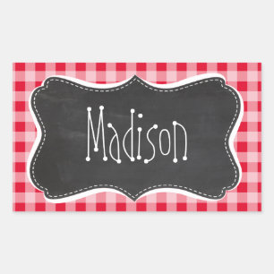 Pegatina Rectangular Retro Scarlet Red Gingham; aspecto de Chalkboard