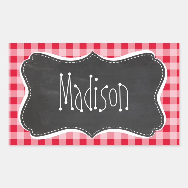 Pegatina Rectangular Retro Scarlet Red Gingham; aspecto de Chalkboard (Anverso)