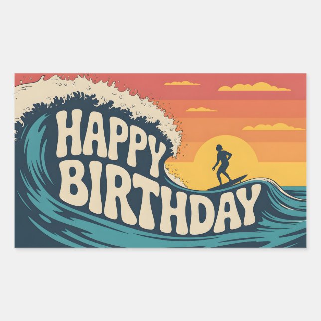 Pegatina Rectangular Retro Surf Theme "Happy Birthday" Illustration (Anverso)