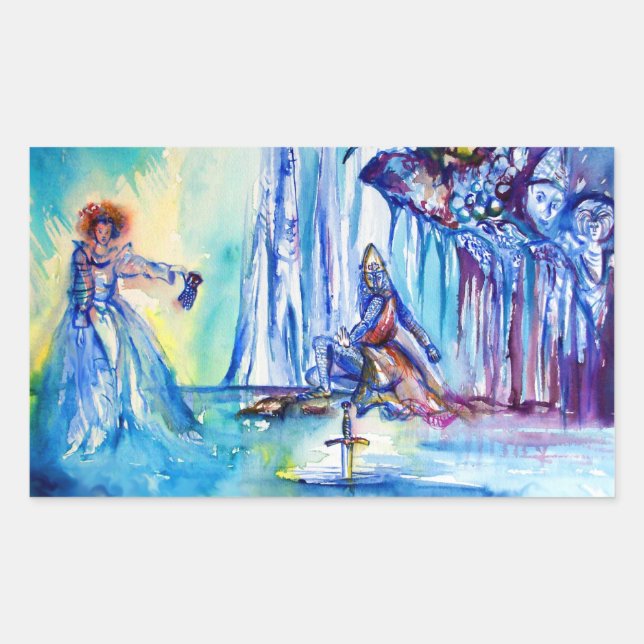 PEGATINA RECTANGULAR REY ARTHUR, DAMA DEL LAGO Y EXCALIBUR (Anverso)