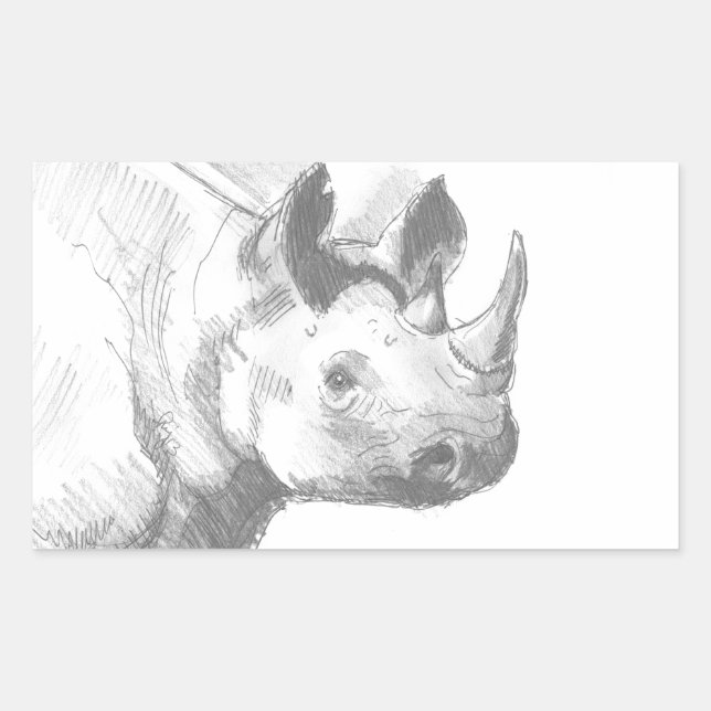 Pegatina Rectangular Rhino Rhinoceros Lápiz Dibujo (Anverso)