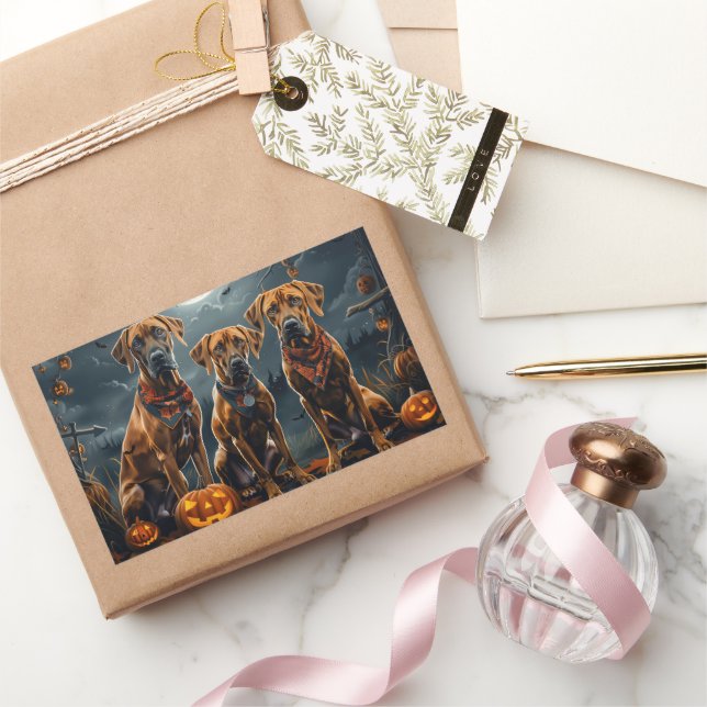 Pegatina Rectangular Ridgeback Rhodesiano Halloween Spooky (Regalar)