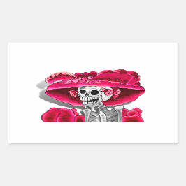 Pegatina Rectangular Ríe mujer esqueleto en Red Bonnet