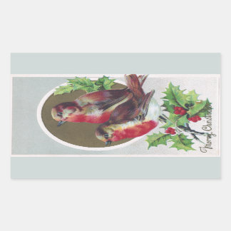 Pegatina Rectangular Robins ingleses y navidad holly vintage