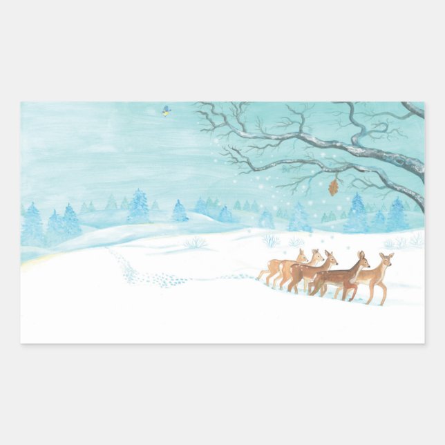 Pegatina Rectangular Roe Deer en invierno (Anverso)