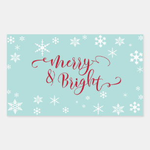Pegatina Rectangular Rojo Alegre y Brillante con Copos de Nieve Blancos