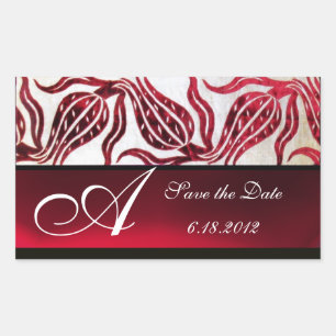 Pegatina Rectangular ROJO VELVET DAMASK TULIPS MONOGRAM Borgoña Blanco