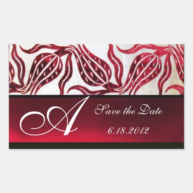 Pegatina Rectangular ROJO VELVET DAMASK TULIPS MONOGRAM Borgoña Blanco (Anverso)