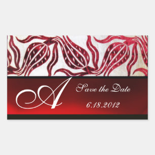 Pegatina Rectangular ROJO VELVET DAMASK TULIPS MONOGRAM Borgoña Blanco