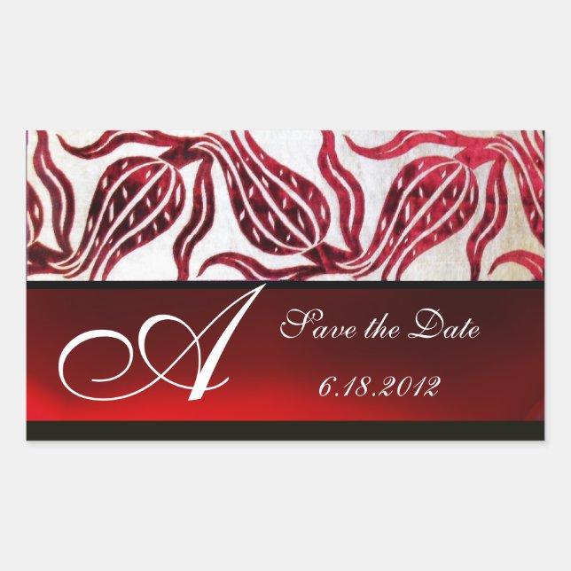 Pegatina Rectangular ROJO VELVET DAMASK TULIPS MONOGRAM Borgoña Blanco (Anverso)