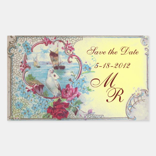 Pegatina Rectangular ROMANTICA MONOGRAM,Save the Date,Amarillo (Anverso)