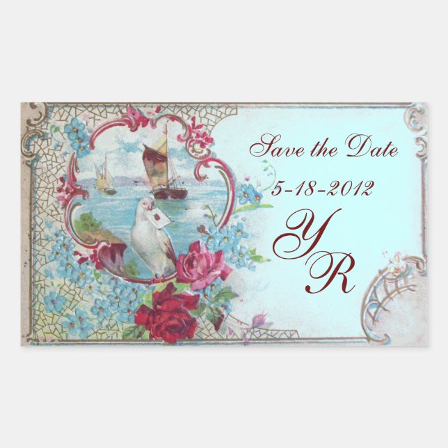 Pegatina Rectangular ROMANTICA MONOGRAM,Save the Date,Blue (Anverso)
