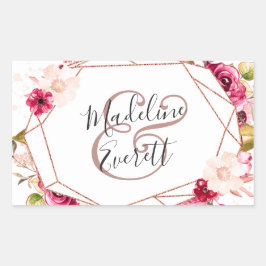Pegatina Rectangular Rosa Boda Monograma de Terrario Geométrico de Oro