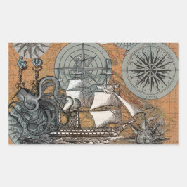 Pegatina Rectangular Rosa de brújula Vintage Nautical Octopus Ship