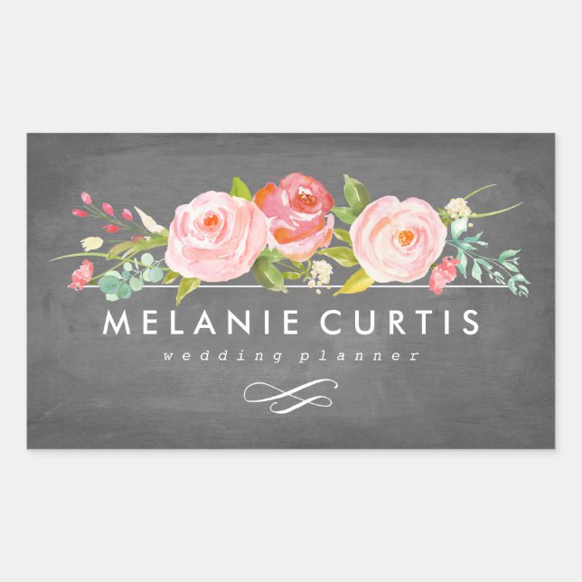 Pegatina Rectangular Rosa Garden Floral Chalkboard Business (Anverso)