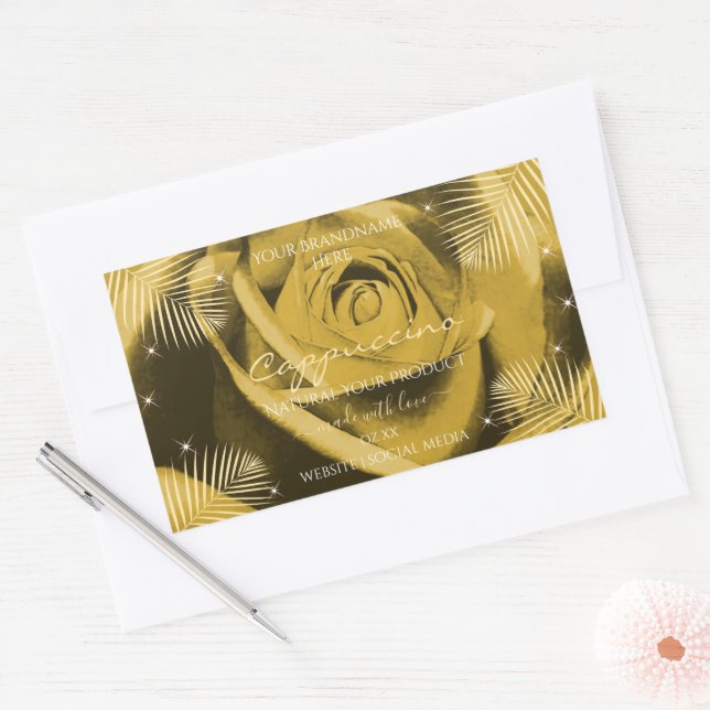 Pegatina Rectangular Rosa marrón amarillo con hojas de palma (Sobre)