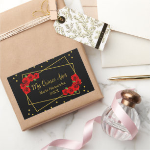 Pegatina Rectangular Rosa Roja Negro y Quinceañera de oro