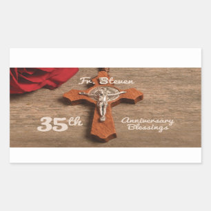 Pegatina Rectangular Rosa y Rosario del 35° aniversario de la Ordenació