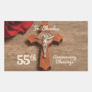 Pegatina Rectangular Rosa y Rosario del 55º aniversario de la Ordenació