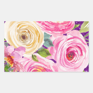 Pegatina Rectangular Rosas acuarela en rosa y crema con brillo púrpura