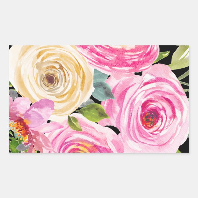 Pegatina Rectangular Rosas acuarela en rosa y crema sobre negro (Anverso)