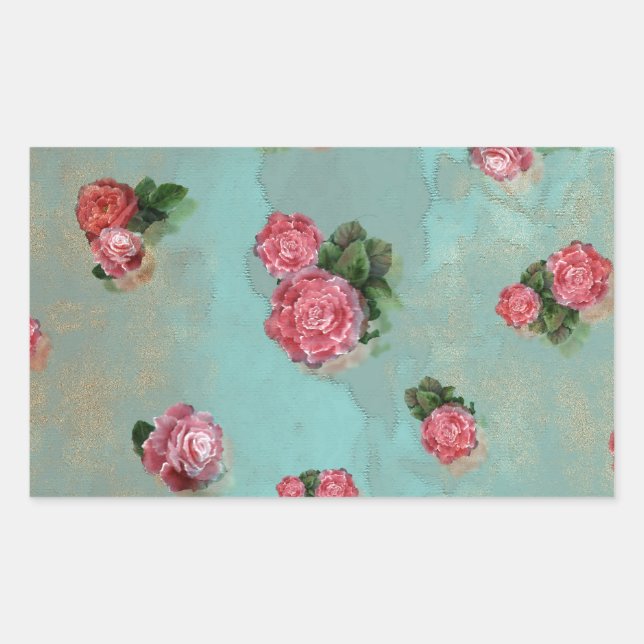 Pegatina Rectangular Rosas de flores de vinage con nostalgia rosa azul (Anverso)