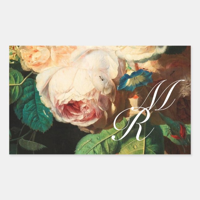PEGATINA RECTANGULAR ROSAS DE ROSA BLANCA Y MONOGRAMA DE GLORIA MAÑANA (Anverso)