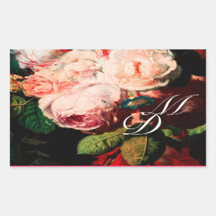 PEGATINA RECTANGULAR ROSAS DE ROSA BLANCA Y MONOGRAMA DE GLORIA MAÑANA