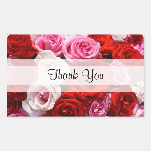 Pegatina Rectangular Rosas del personalizado "Gracias" (Anverso)