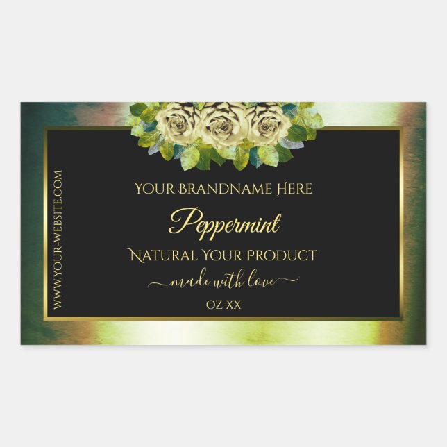 Pegatina Rectangular Rosas Floral Verde azulados de mármol verde negro  (Anverso)