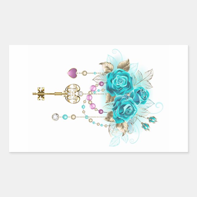 Pegatina Rectangular Rosas turquesas con llaves (Anverso)