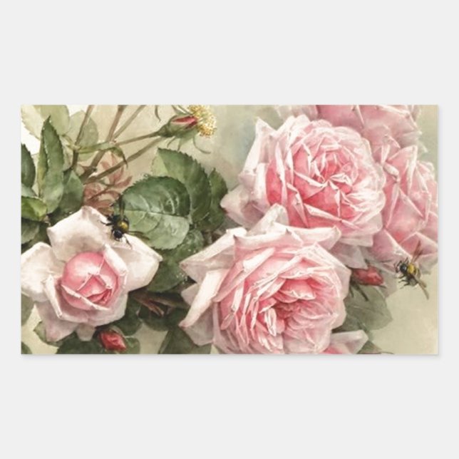Pegatina Rectangular Rosas victorianos de Shabby Chic Pink (Anverso)