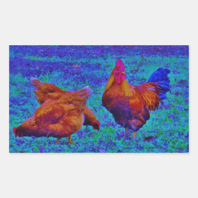 Pegatina Rectangular Rostro y gallinas arcoiris, azul eléctrico (Anverso)
