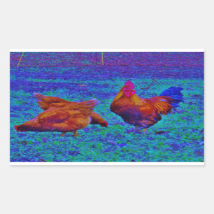 Pegatina Rectangular Rostro y gallinas arcoiris, azul eléctrico
